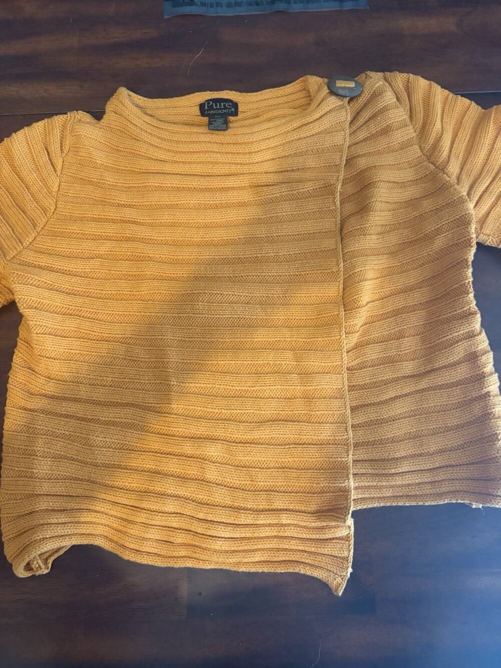 Pure Handknit Women’s S/M Mustard Yellow 100% Cotton Ribbed Short Sleeve Sweater